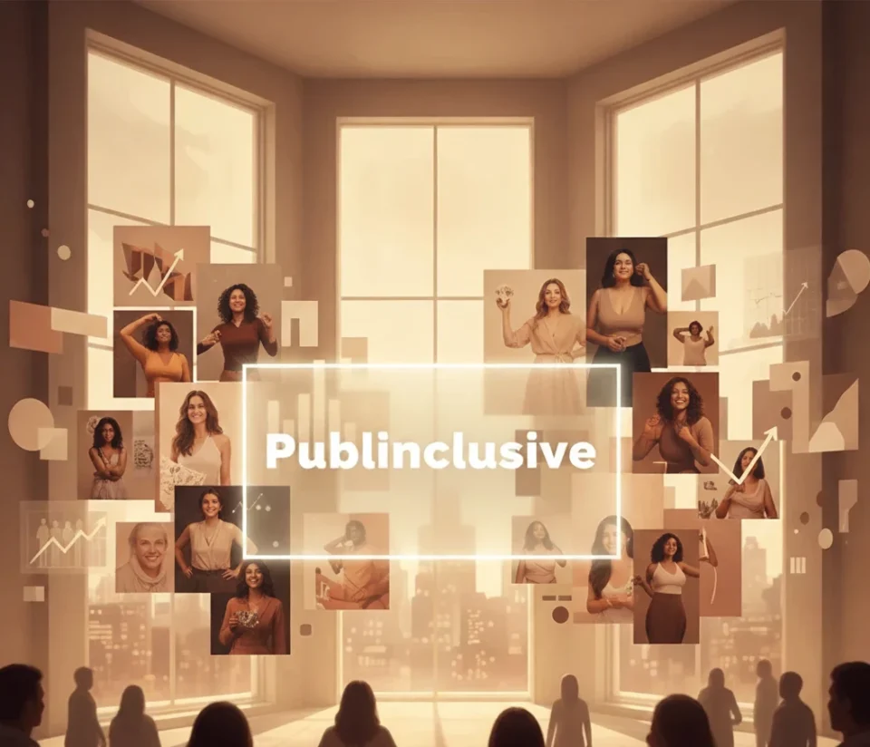 Visione aziendale di inclusività e crescita: collage di volti femminili diversi e dati di performance proiettati in una stanza piena di spettatori.